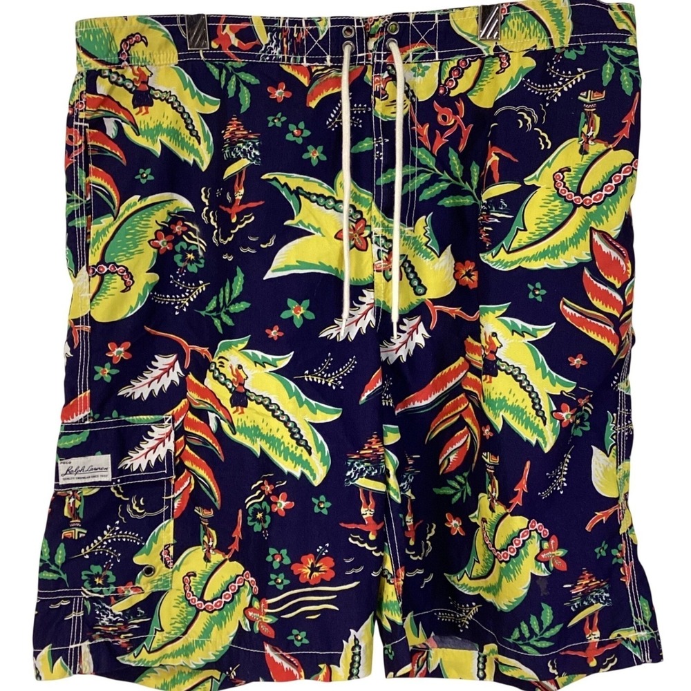 Polo Ralph Lauren Mens XL Swim Trunks Navy Blue Tropical Hawaiian Surfer Print